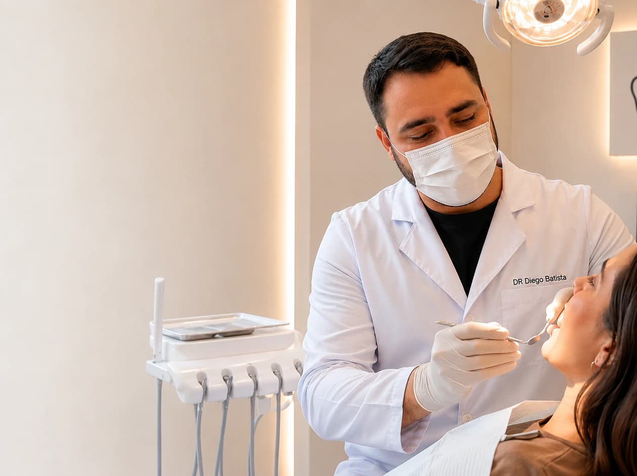 Dr. Diego atendendo uma paciente em consultório da DPL Odontologia